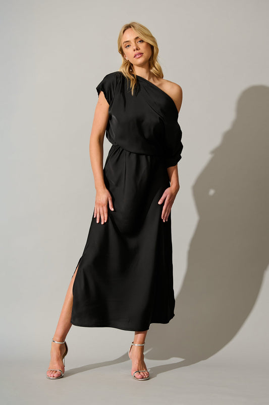 Sarita Maxi Off Shoulder Dress in Black Satin
