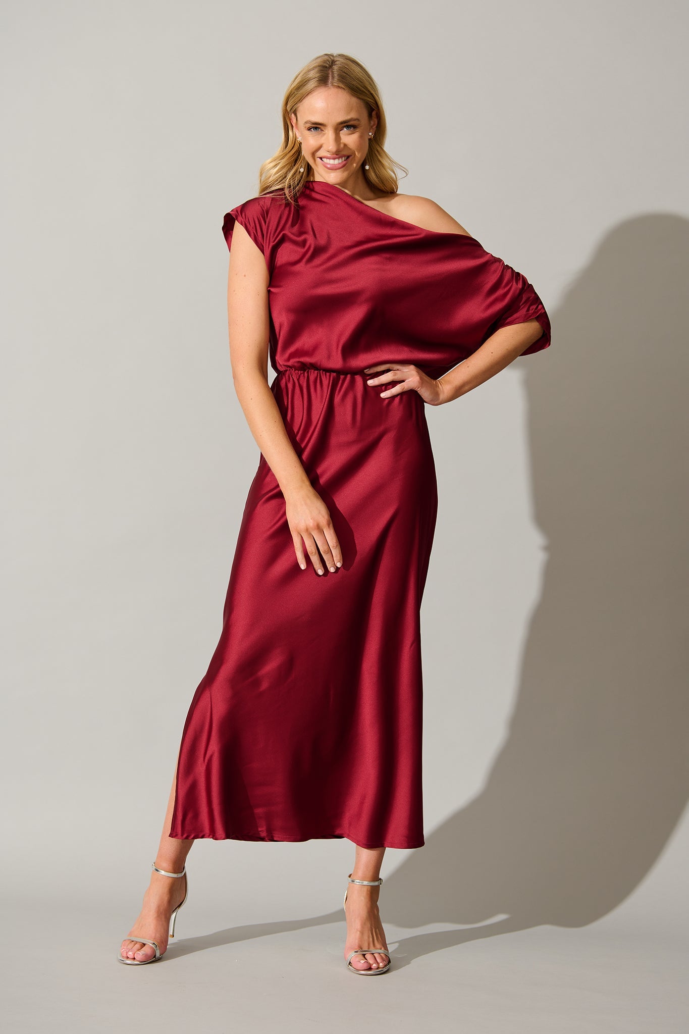 Sarita Maxi Off Shoulder Dress in Wine Satin