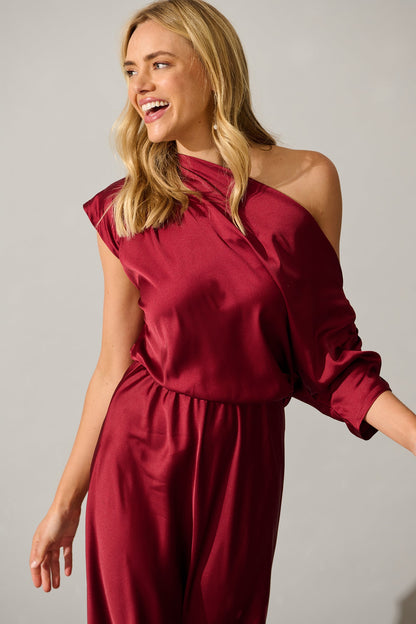 Sarita Maxi Off Shoulder Dress in Wine Satin