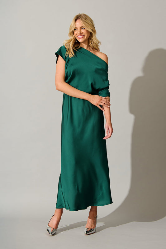 Sarita Maxi Off Shoulder Dress in Emerald Green Satin