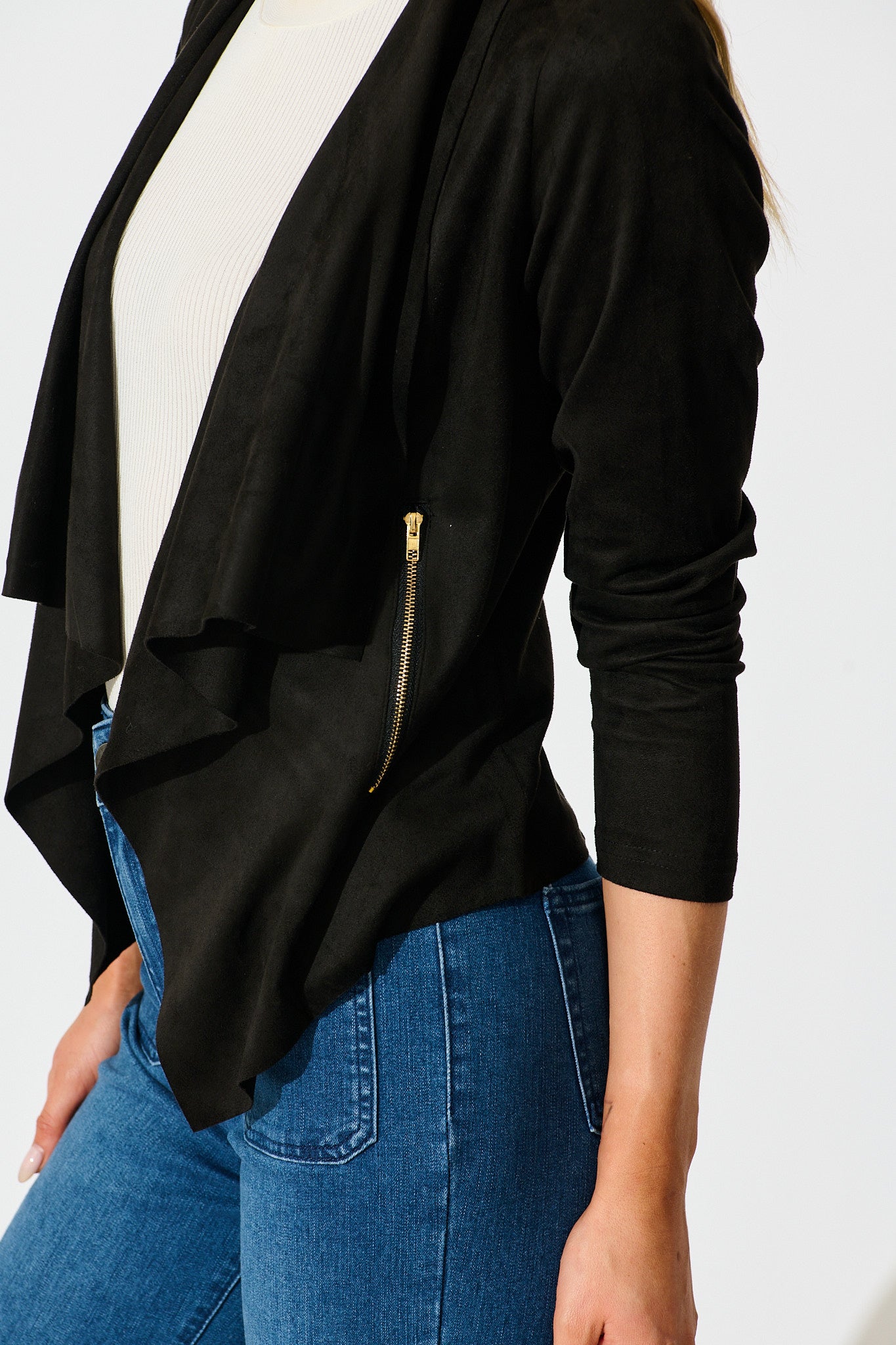 Kylah Waterfall Jacket in Black Suedette