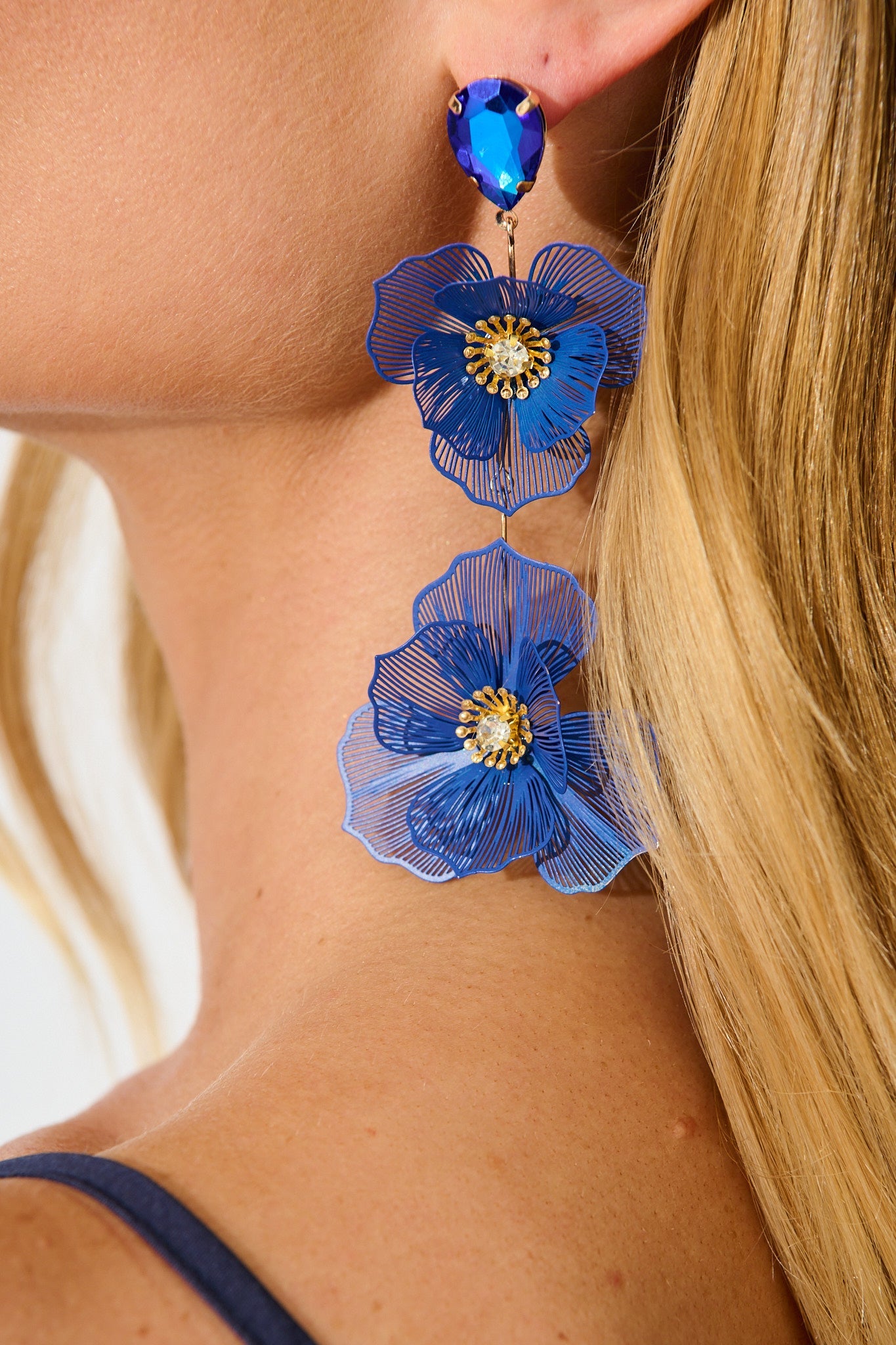 Mariana Double Flower Drop Earrings In Navy with Stone