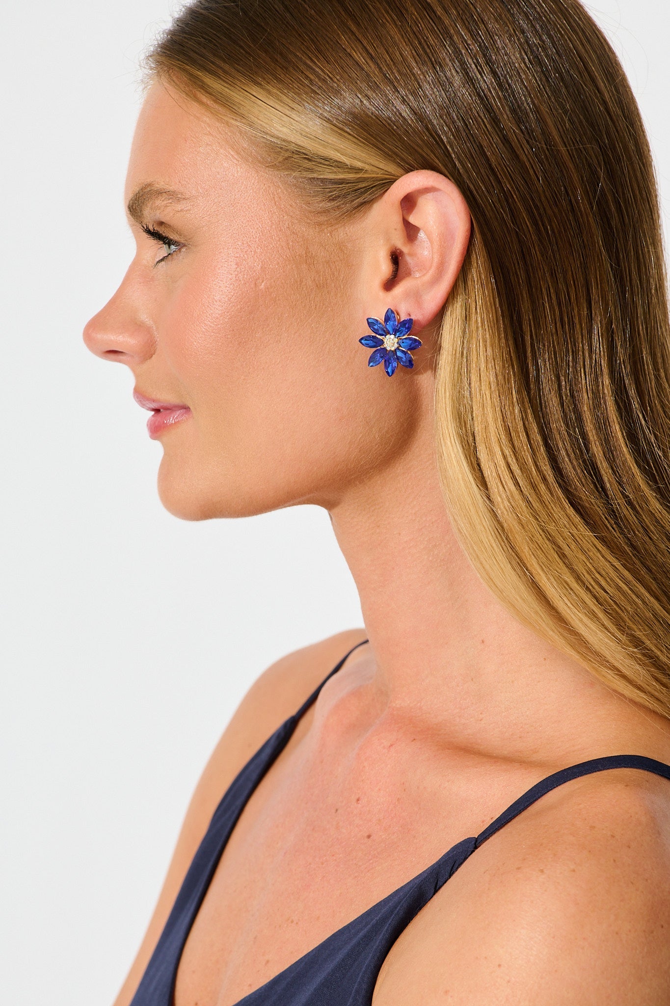 Bloom Clip On Earrings in Navy Stones