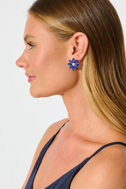 Bloom Clip On Earrings in Navy Stones