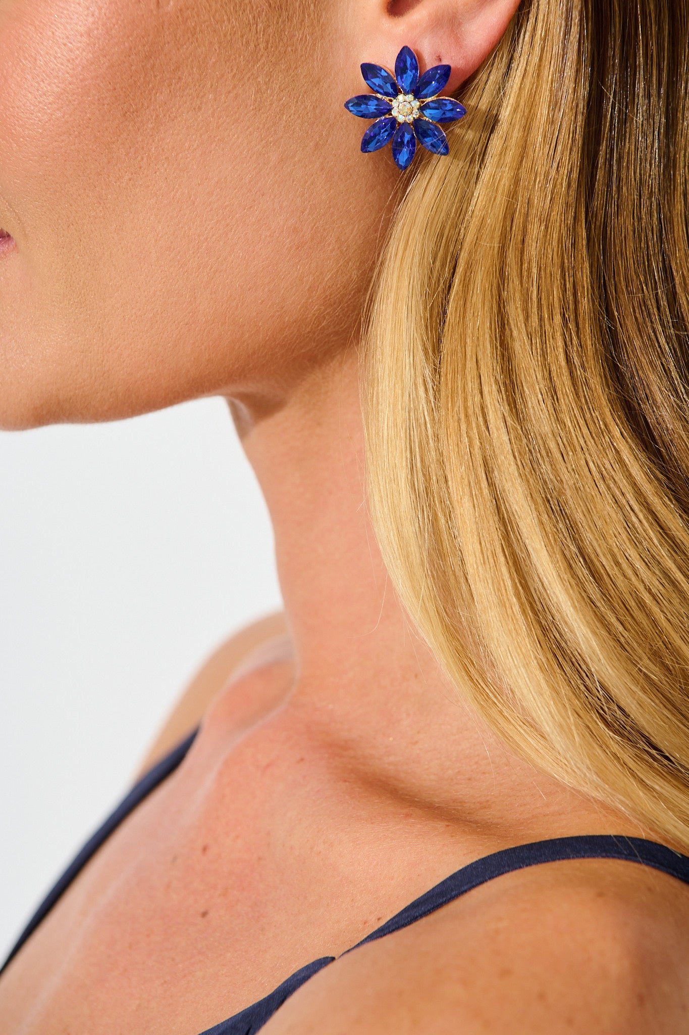 Bloom Clip On Earrings in Navy Stones