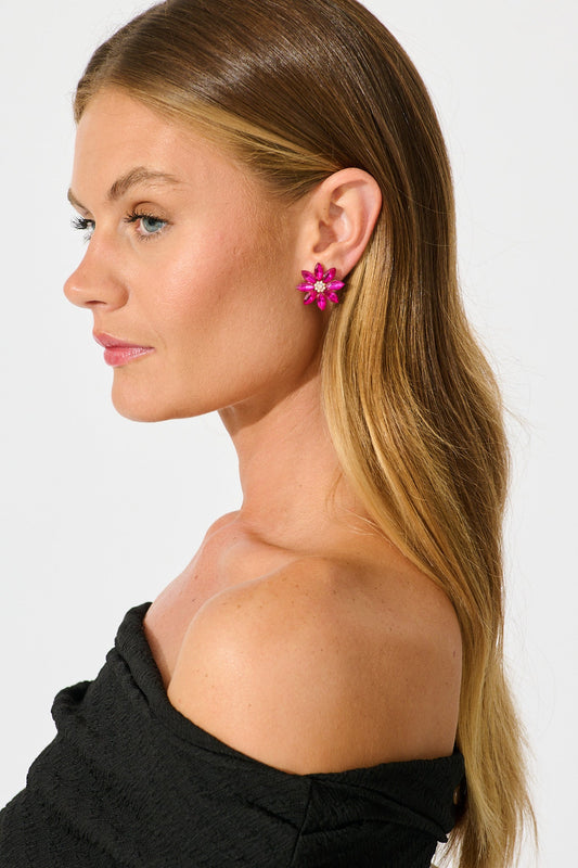 Bloom Clip On Earrings in Hot Pink Stones