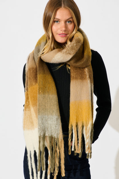 Brooklyn Oversized Knit Scarf In Multi Brown Check