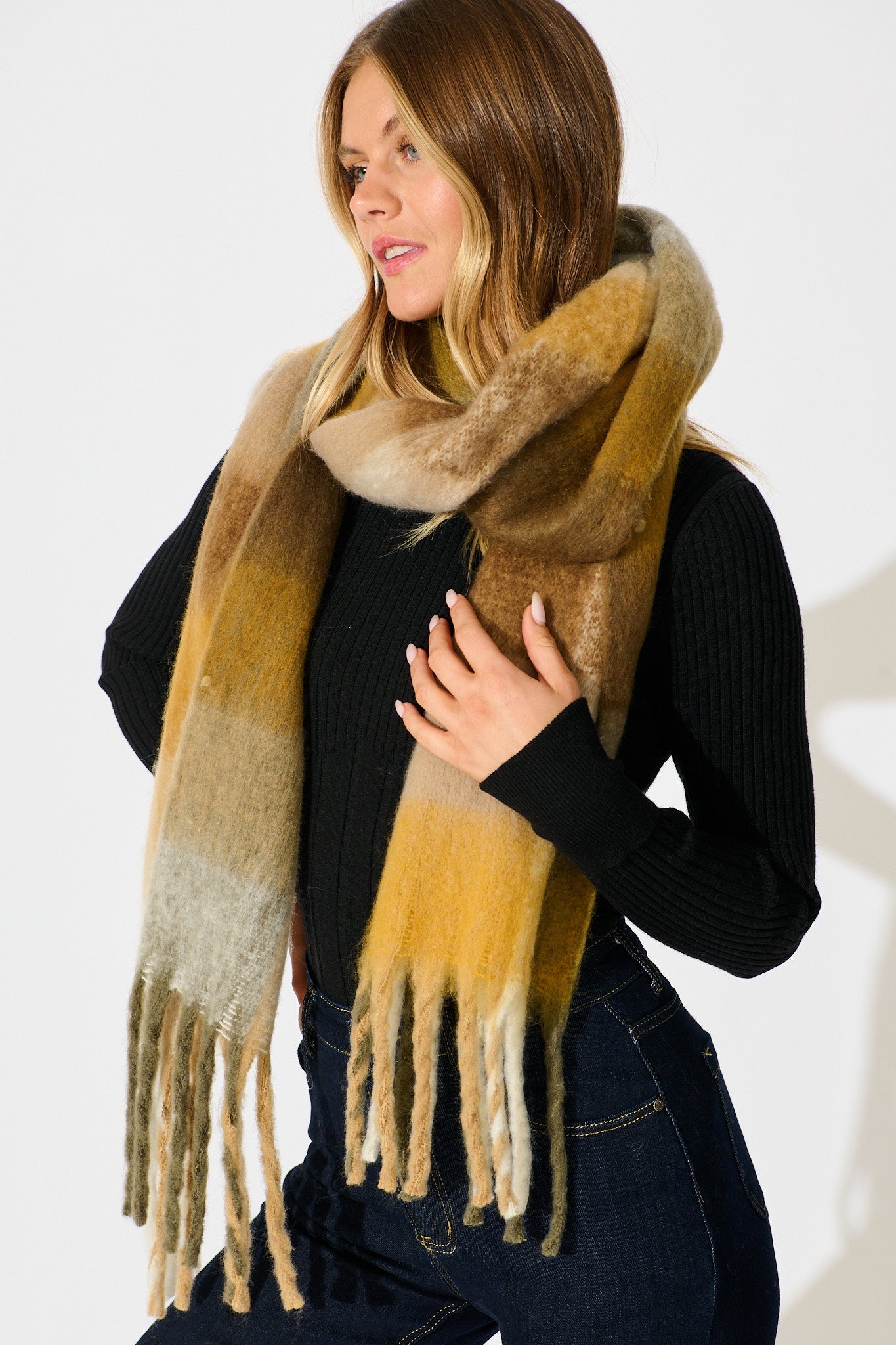 Brooklyn Oversized Knit Scarf In Multi Brown Check