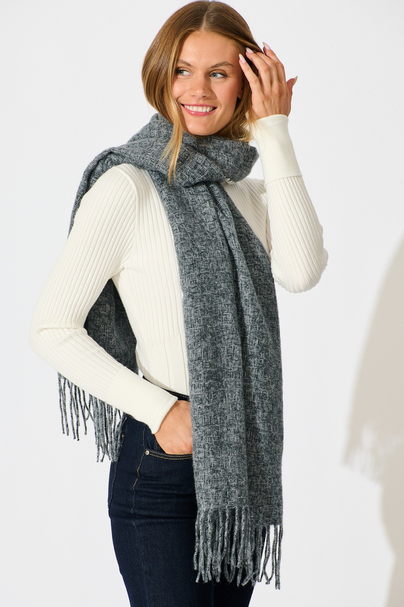Estella Scarf in Grey with White Blanket Stitch Detail