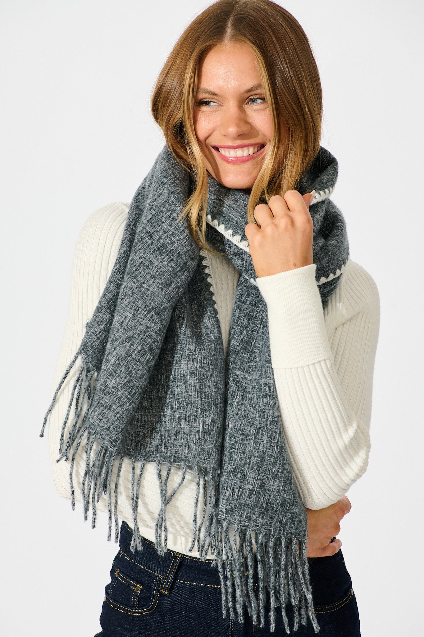 Estella Scarf in Grey with White Blanket Stitch Detail