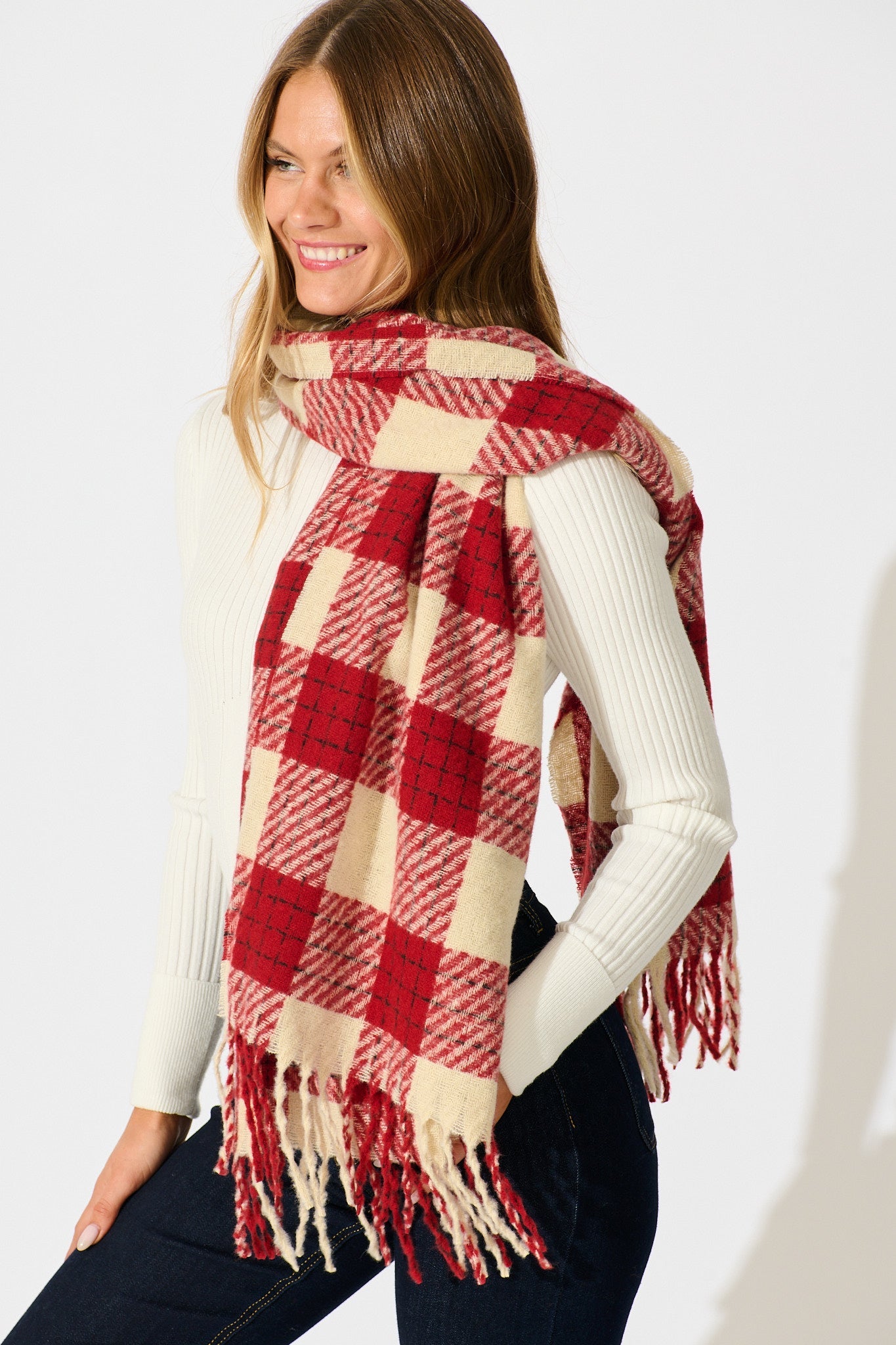 Brooklyn Oversized Knit Scarf In Wine Check