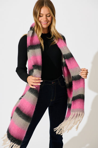 Lilah Knit Scarf in Black with Pink Stripe
