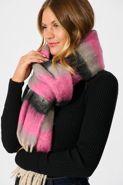 Lilah Knit Scarf in Black with Pink Stripe