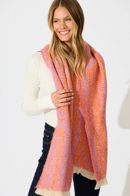 Anita Knit Scarf in Pink and Tangerine Stripe