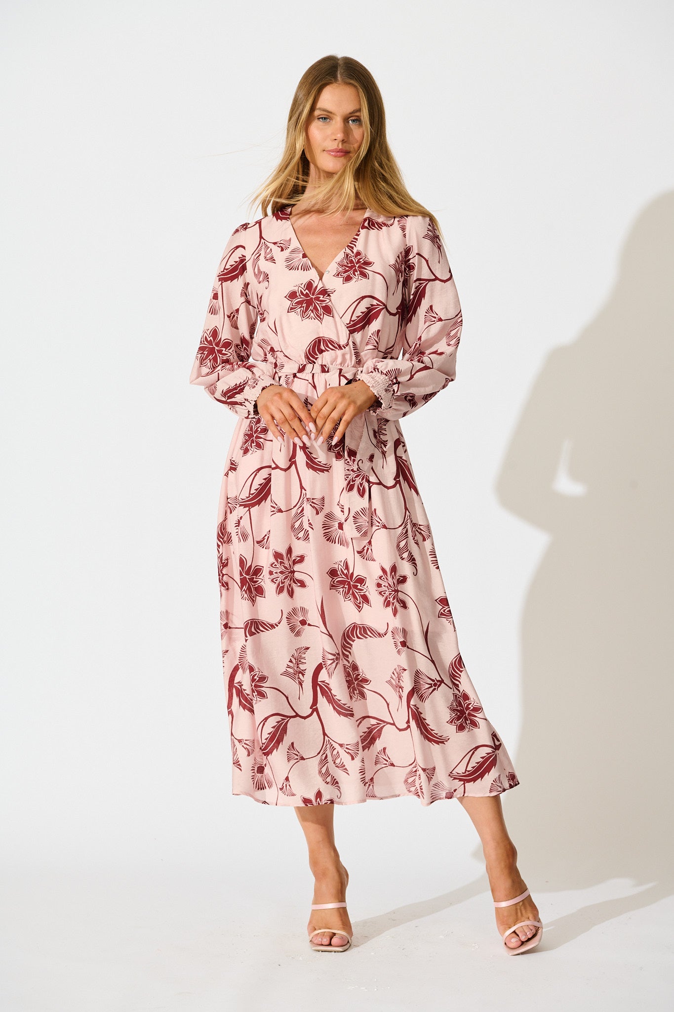 Wild Iris Midi Dress in Blush with Wine Floral