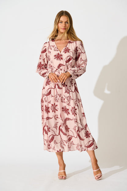 Wild Iris Midi Dress in Blush with Wine Floral