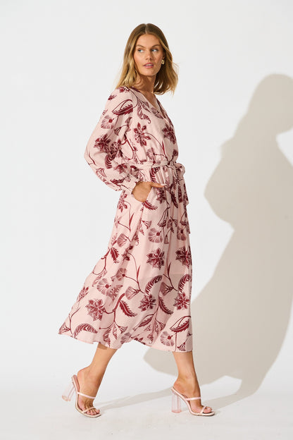 Wild Iris Midi Dress in Blush with Wine Floral