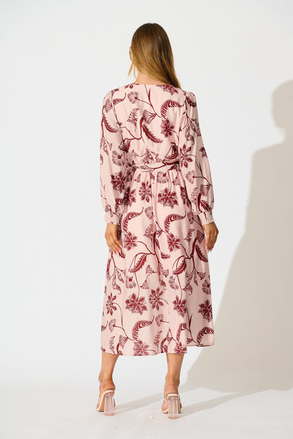 Wild Iris Midi Dress in Blush with Wine Floral