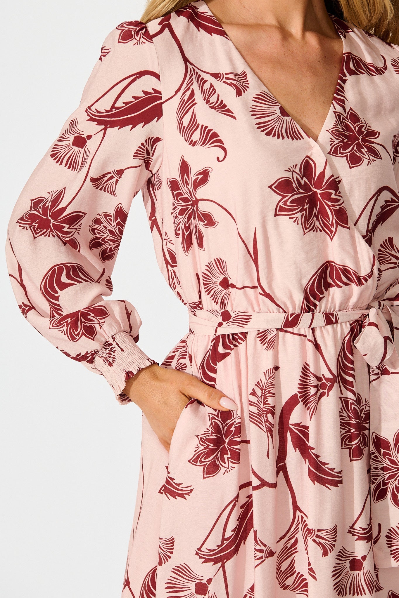 Wild Iris Midi Dress in Blush with Wine Floral