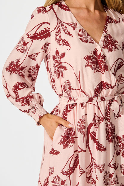 Wild Iris Midi Dress in Blush with Wine Floral
