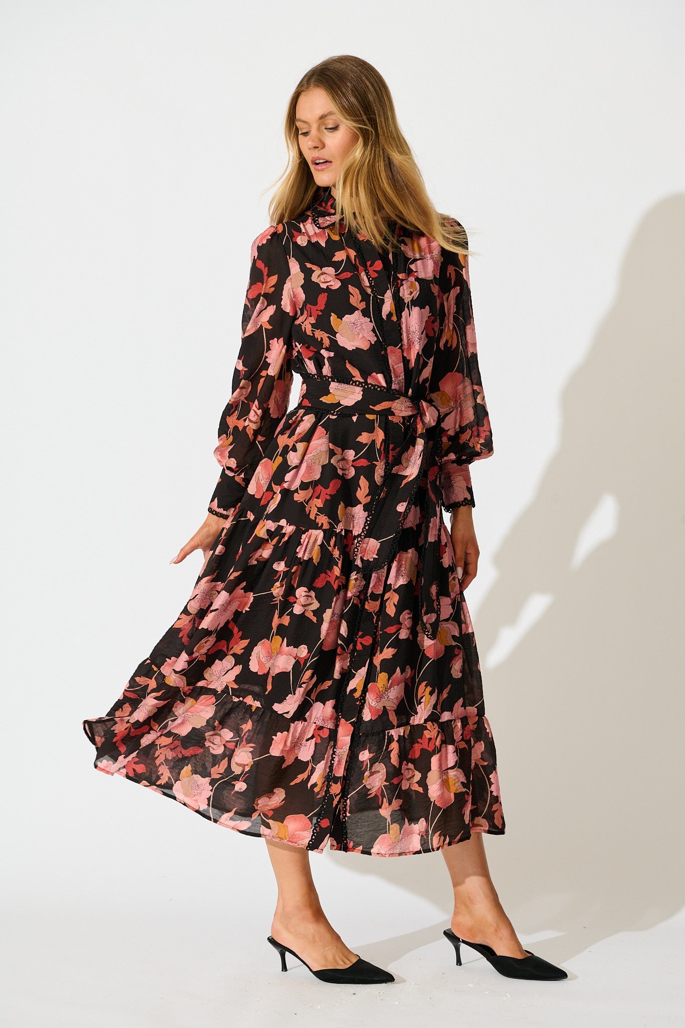 Alaina Maxi Shirt Dress in Black Floral with Black Lace Trim