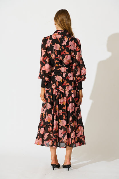 Alaina Maxi Shirt Dress in Black Floral with Black Lace Trim