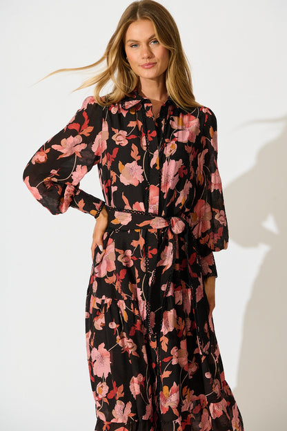 Alaina Maxi Shirt Dress in Black Floral with Black Lace Trim