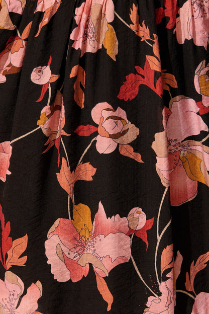 Alaina Maxi Shirt Dress in Black Floral with Black Lace Trim