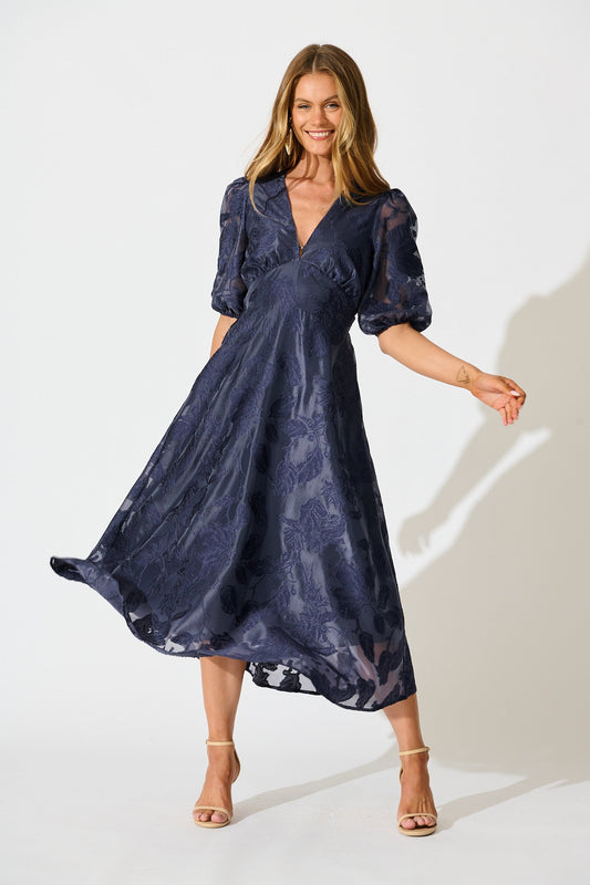 Opulence Midi Dress in Navy Floral Organza