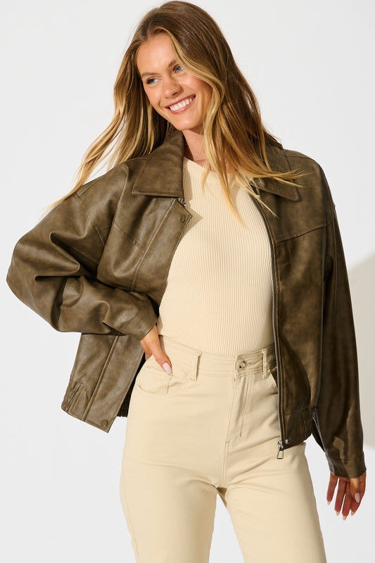 Look Twice Bomber Jacket in Brown Leatherette