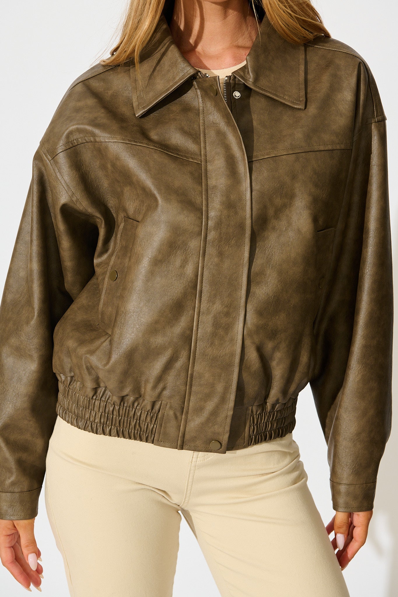 Look Twice Bomber Jacket in Brown Leatherette