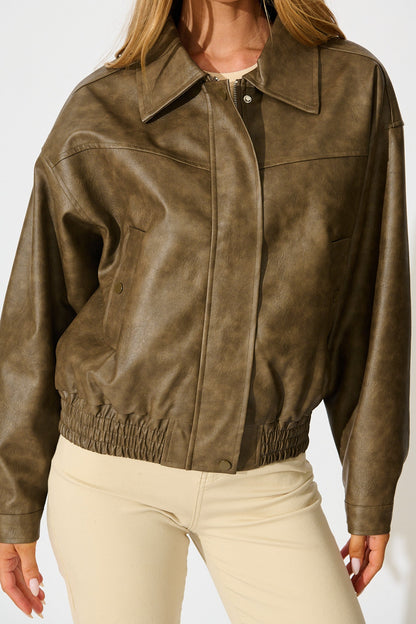 Look Twice Bomber Jacket in Brown Leatherette