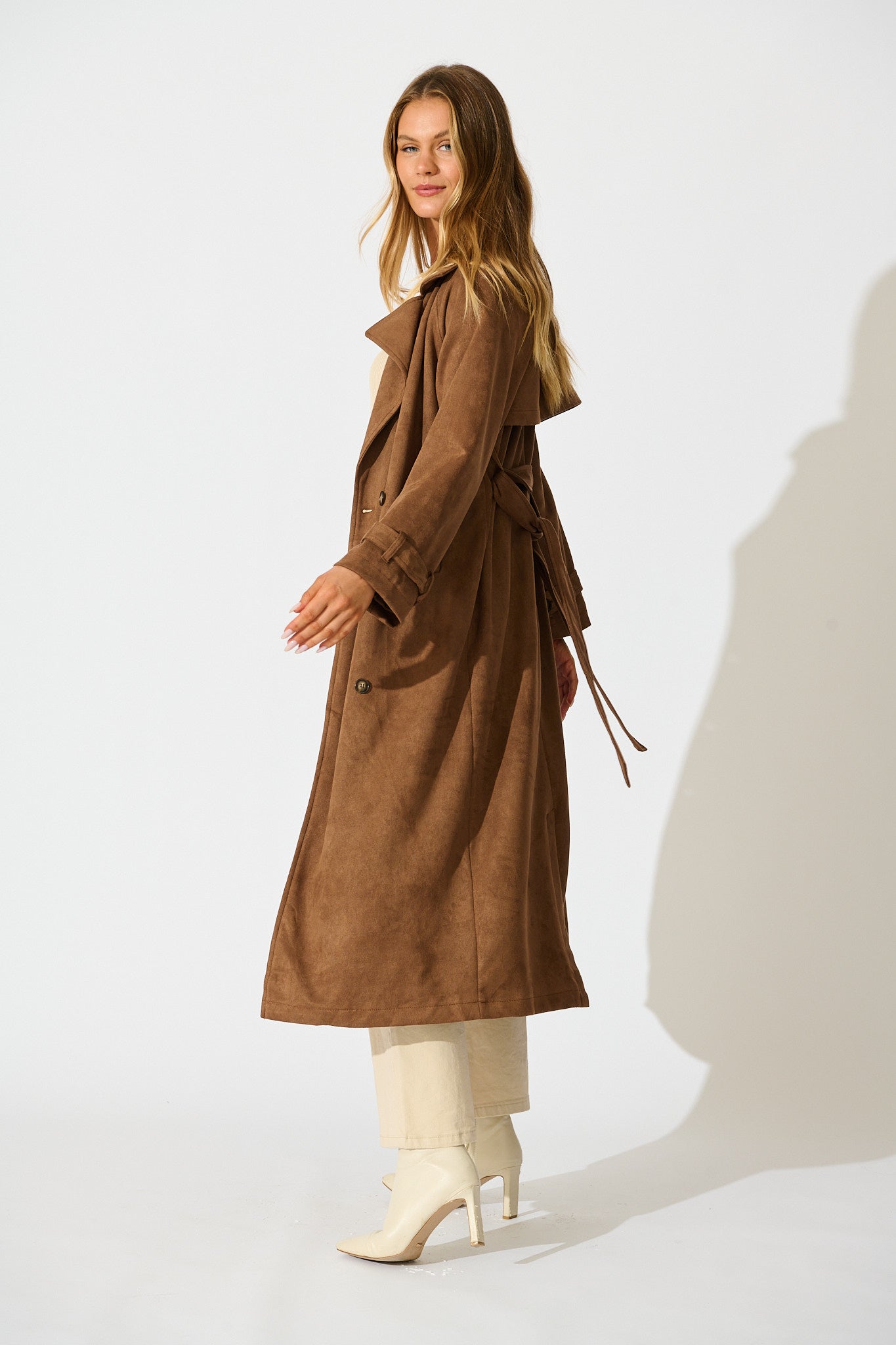 Valley Escape Trench Coat in Brown Suedette