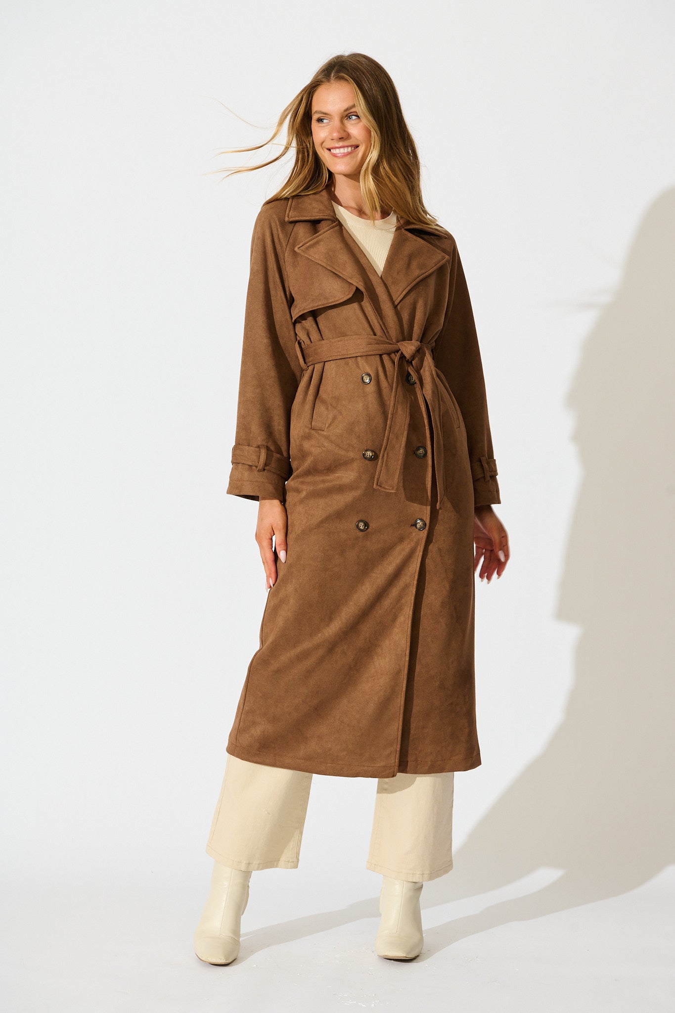 Valley Escape Trench Coat in Brown Suedette