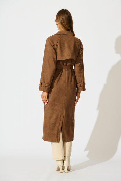 Valley Escape Trench Coat in Brown Suedette