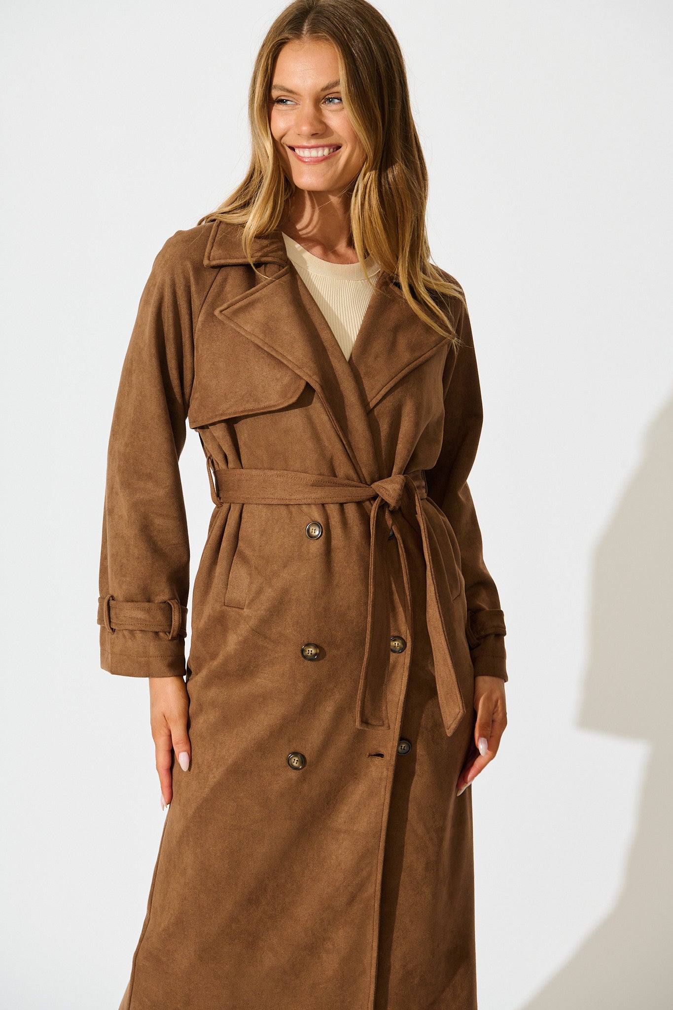 Valley Escape Trench Coat in Brown Suedette