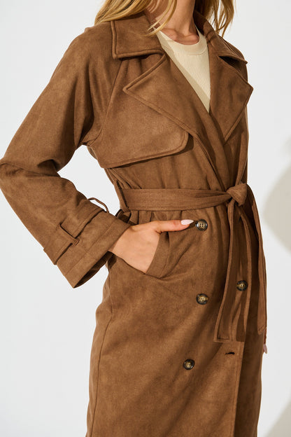 Valley Escape Trench Coat in Brown Suedette