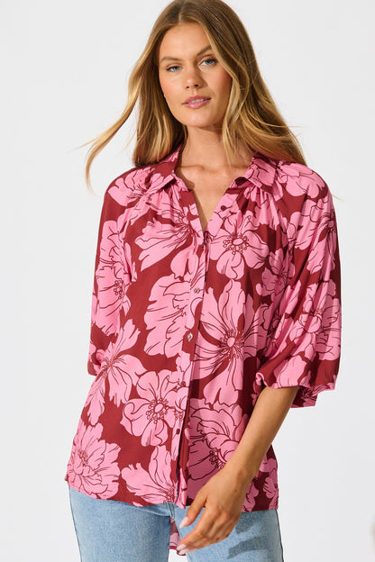 Anita Shirt In Wine with Pink Floral