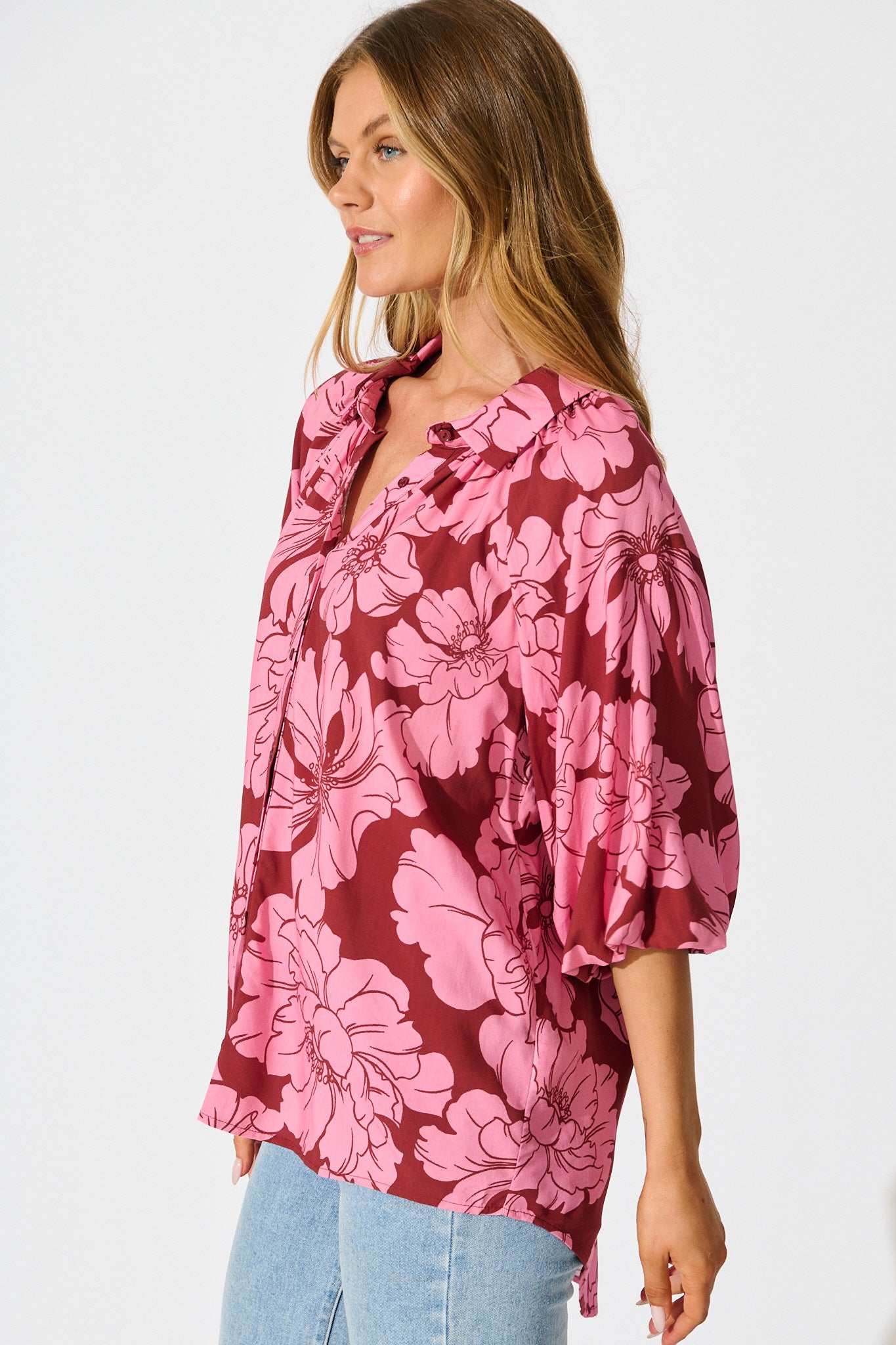 Anita Shirt In Wine with Pink Floral