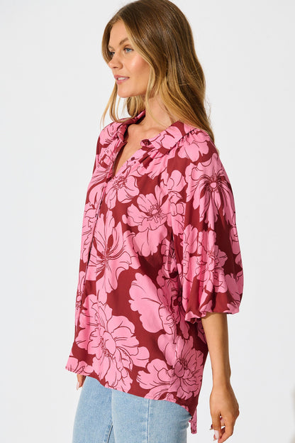 Anita Shirt In Wine with Pink Floral