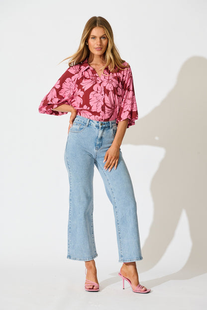 Anita Shirt In Wine with Pink Floral