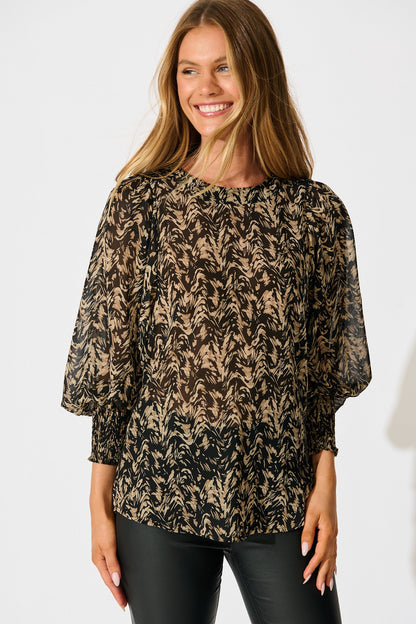 Veronica Top in Black with Cream Print Chiffon
