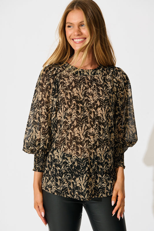 Veronica Top in Black with Cream Print Chiffon