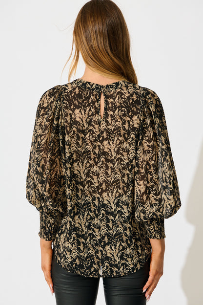 Veronica Top in Black with Cream Print Chiffon
