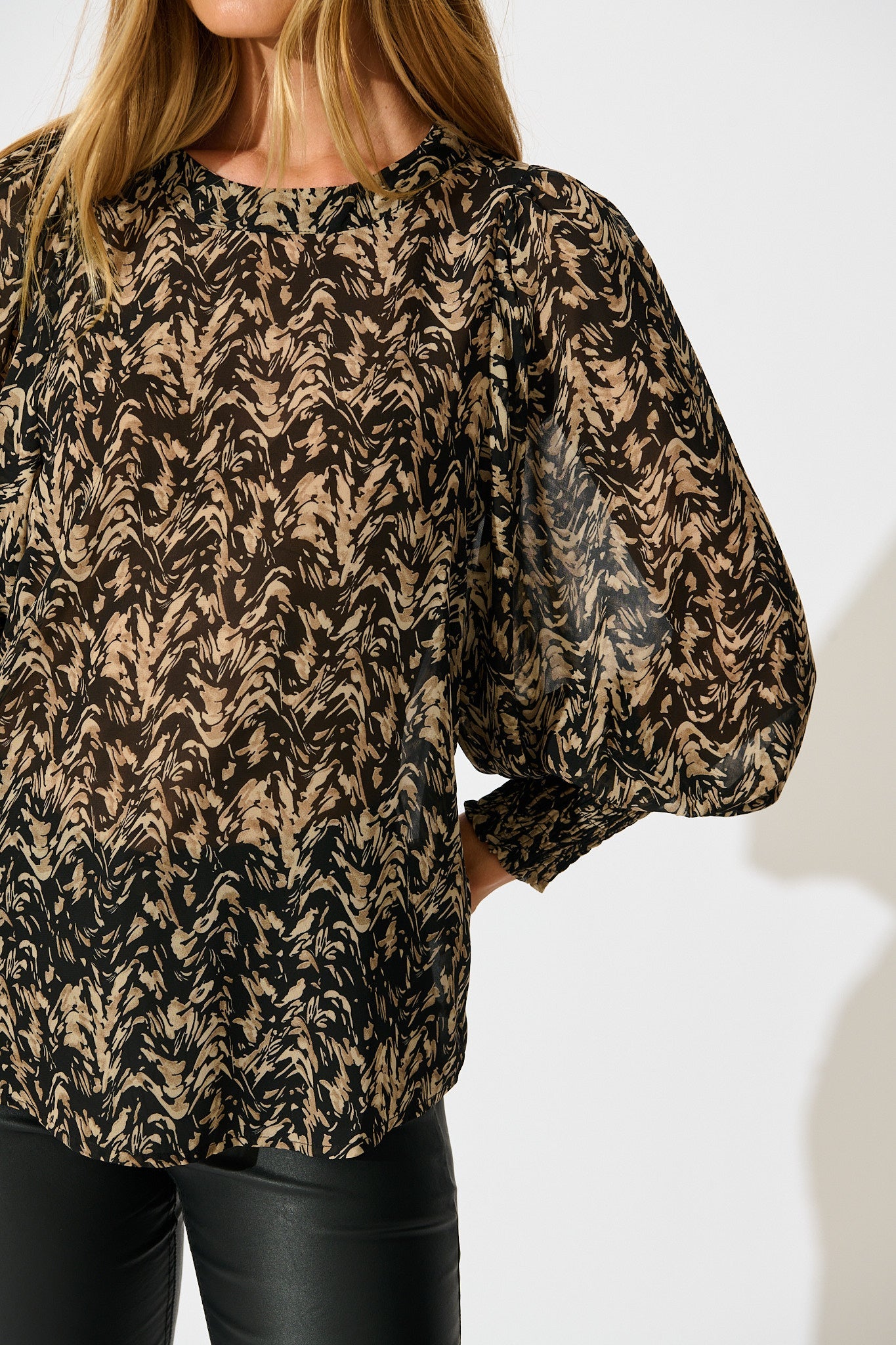 Veronica Top in Black with Cream Print Chiffon