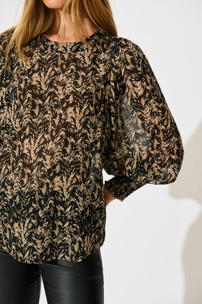 Veronica Top in Black with Cream Print Chiffon