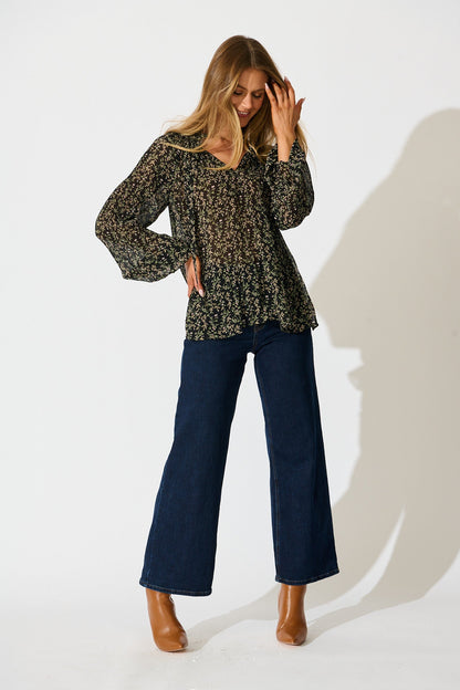 Zahara Top in Black Multi Floral Plisse