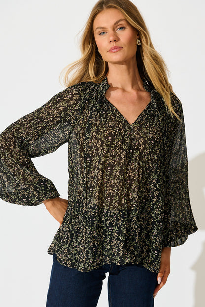 Zahara Top in Black Multi Floral Plisse