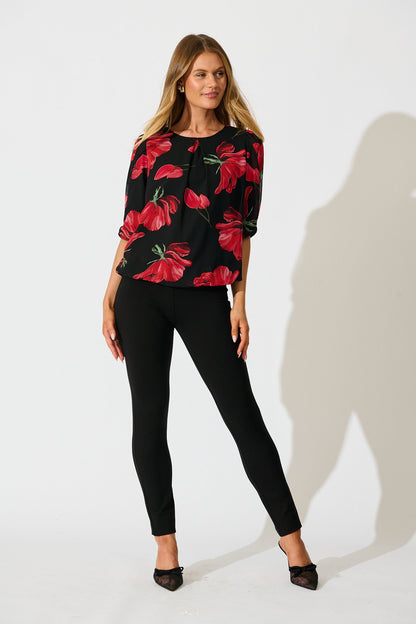 Yvette Top in Black with Red Floral