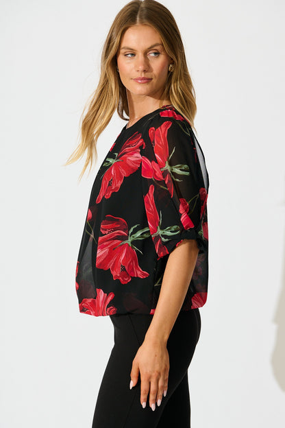 Yvette Top in Black with Red Floral